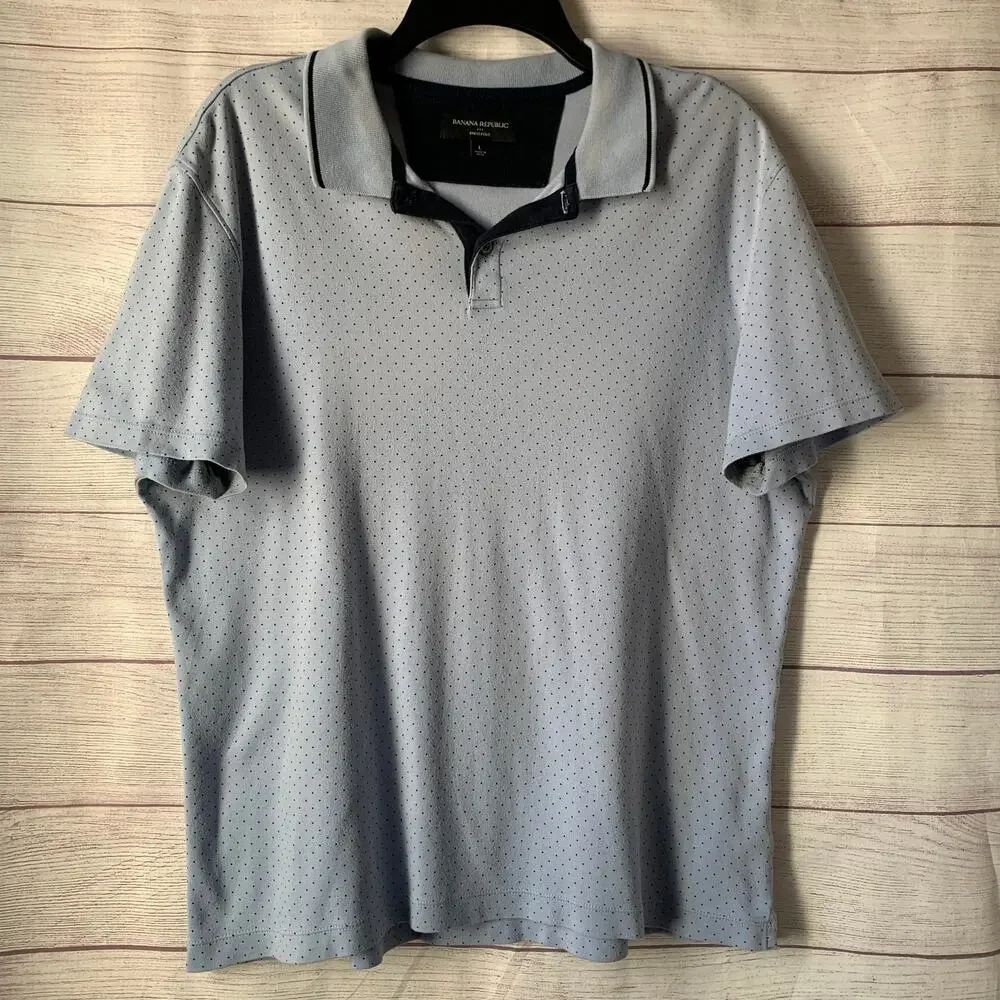 Banana Republic Men's Light Blue Polka Dot Polo Shirt Short Sleeves Size Large